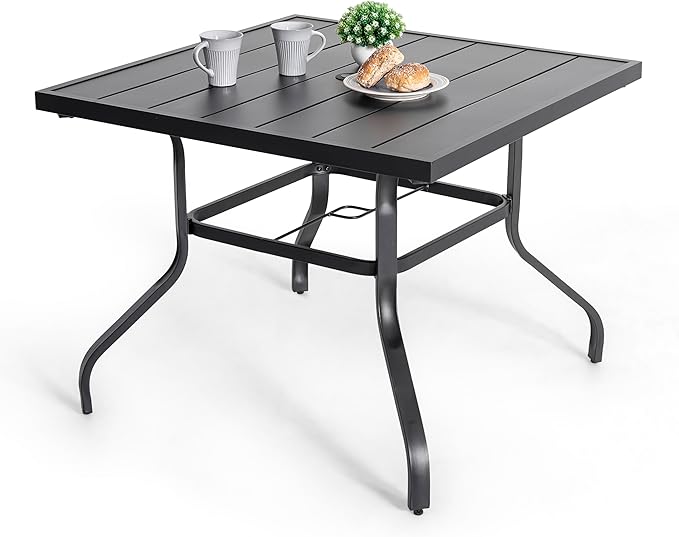 NUU GARDEN 37" Outdoor Patio Table, 4 Person Steel Slat Square Dining Table with 1.57" Umbrella Hole, Slatted Top and Powder Coated Iron Frame for Patio, Garden and Balcony, Black