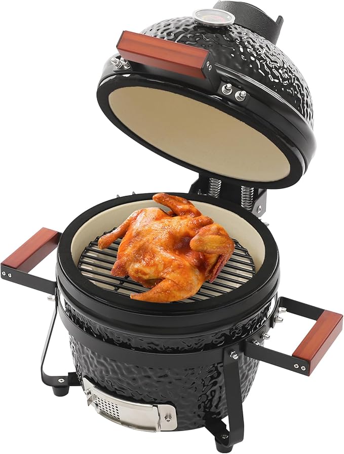 13 Inch Ceramic Charcoal Grill, Portable BBQ Smoker for Grilling & Smoking, Outdoor Patio Backyard Cooking, Movable Ceramic Barbecue Grill with Temperature Gauge