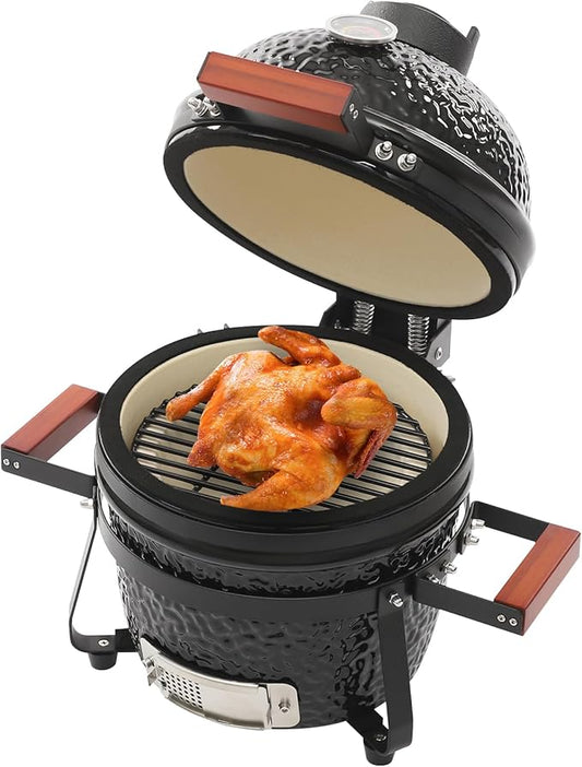 13 Inch Ceramic Charcoal Grill, Portable BBQ Smoker for Grilling & Smoking, Outdoor Patio Backyard Cooking, Movable Ceramic Barbecue Grill with Temperature Gauge