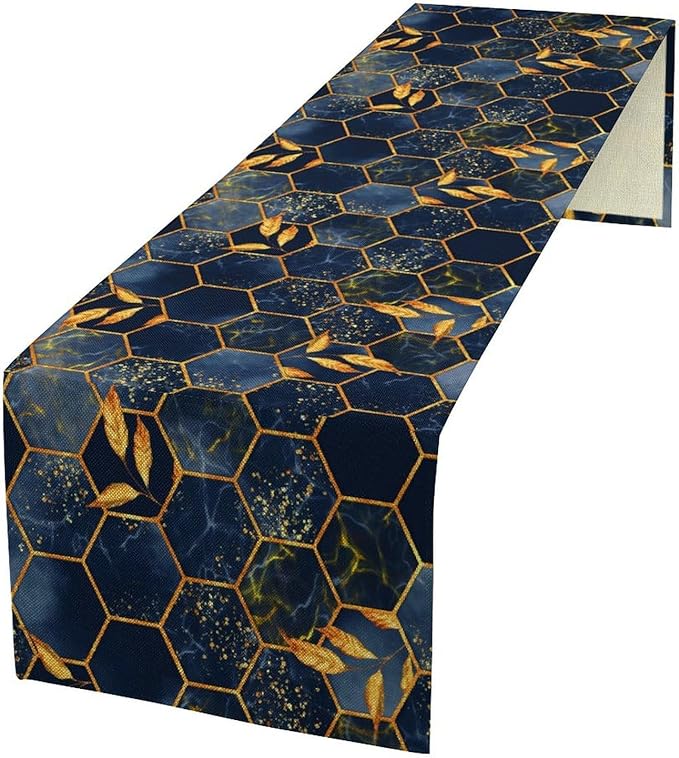 Marble Table Runner, Dark Blue Gold Modern Marble Leaf Aesthetic Geometric Table Runner for Indoor Home Living Room Party Dining Kitchen 13x120in