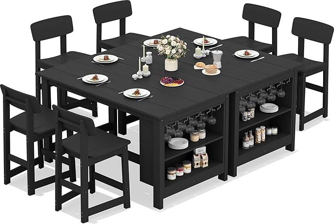 SERWALL 8-Piece Counter Height DiningTable Sets with Storage and Wine Rack, HDPE 2 Rectangular Bar Table with Bar Stools Set of 6 for Garden, Backyard, Kitchen, Black