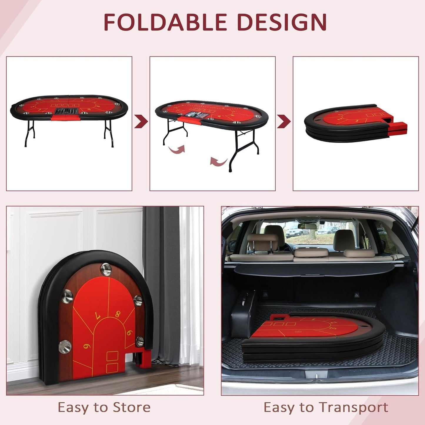 Upgrade 84" Folding Poker Table, 10 Players Oval Card Table with Stainless Steel Cup Holders & Padded Rails, Casino Leisure Felt Surface Texas Hold 'em Poker Table, Red