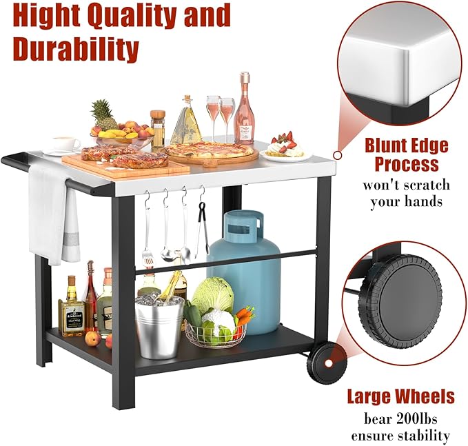 34" x 24" Movable Stainless Steel Flattop Grill Cart for Ninja Woodfire & Blackstone Griddles, Pizza Oven Table for Outside, Extra-Wide Stainless Steel Cart with Wheels for Kitchen Food Prep Table