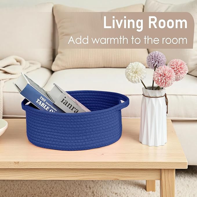 Woven Basket,Small Rope Storage Bin with Handles & Ribbon Bag, Organizer for Shelves Closets,Gift Basket Empty for Birthday,Books,Dog Toys, Navy Blue/2 Pack