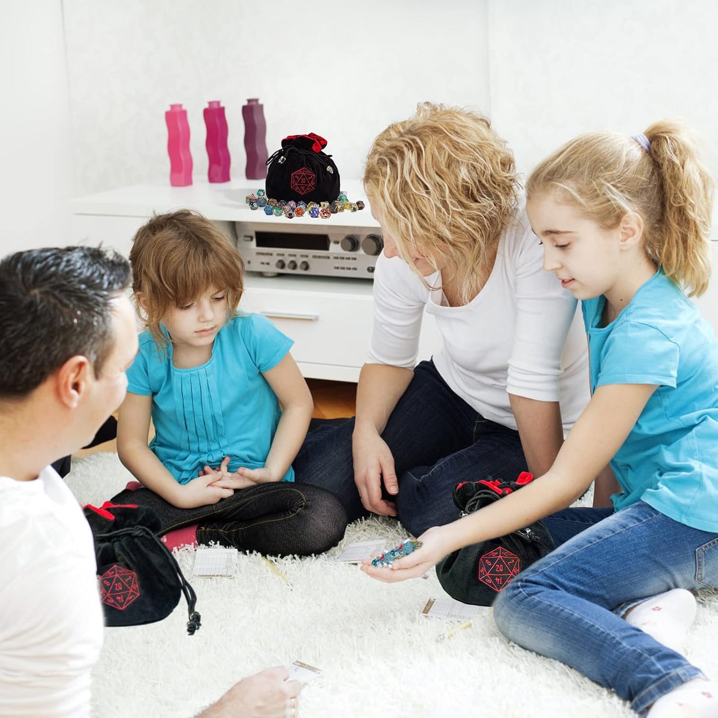 Large Dice Bags with Pockets Black Storage Bag D20 Logo for DND RPG Game Dices (with 1lb Random DND Dice)