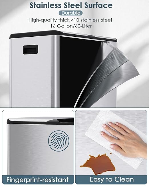 Arlopu 16Gal Dual Trash Can w/2 Built-in Box for Odor Control, Hands-Free Kitchen Garbage Bin, Recycle Waste Dustbin, Soft-Close Lid, 2 Buckets,Foot Pedal, Side Handle, Airtight,for Home (Silver)