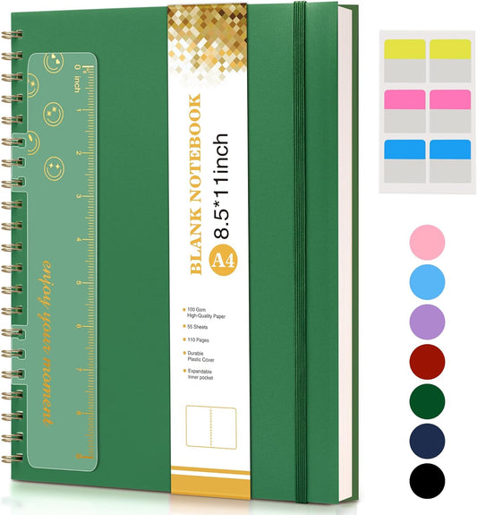 Blank Spiral Notebook Journal 8.5” x 11”, A4 Large Sketch Book for Women Men, 100 GSM Blank Paper Drawing Notebook, Plastic Hardcover Spiral Bound Sketchbook for Sketching Work School Writing, Green