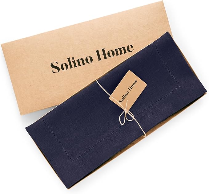 Solino Home Navy Blue Hemstitch Table Runner 48 Inches - 100% Pure Linen Small Table Runner 14 x 48 Inch Ideal for Dresser and Coffee Tables - Medium Weight, Winter