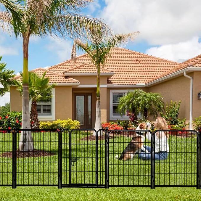 ADAVIN 24 in(H) Garden Fence with Gate, 14 Panels Heavy Duty Iron Metal Animal Barrier Fence, Camping Fence, Garden Fences and Borders for Dogs,Total 34.5 Ft(L), Black