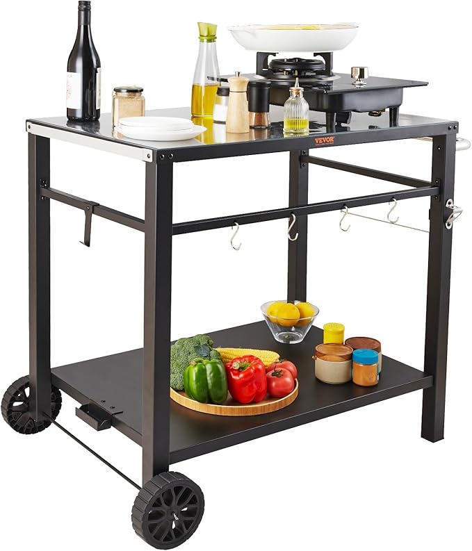 VEVOR Outdoor Grill Cart with Double-Shelf, BBQ Movable Food Prep Table with PVC Placemat, Black Iron Table Top, Portable Modular Carts for Pizza Oven, Worktable with 2 Wheels, Carry Handle