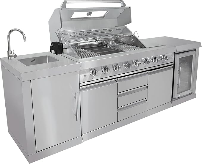 CT Copper Tailor 6-Burner Outdoor Kitchen BBQ Grill Island 99,000 BTUs with Sink, Fridge, Rear Burner, Side Burner, Storage Cabinets & Drawers, Cover, Stainless Steel with Natural Gas Kit)
