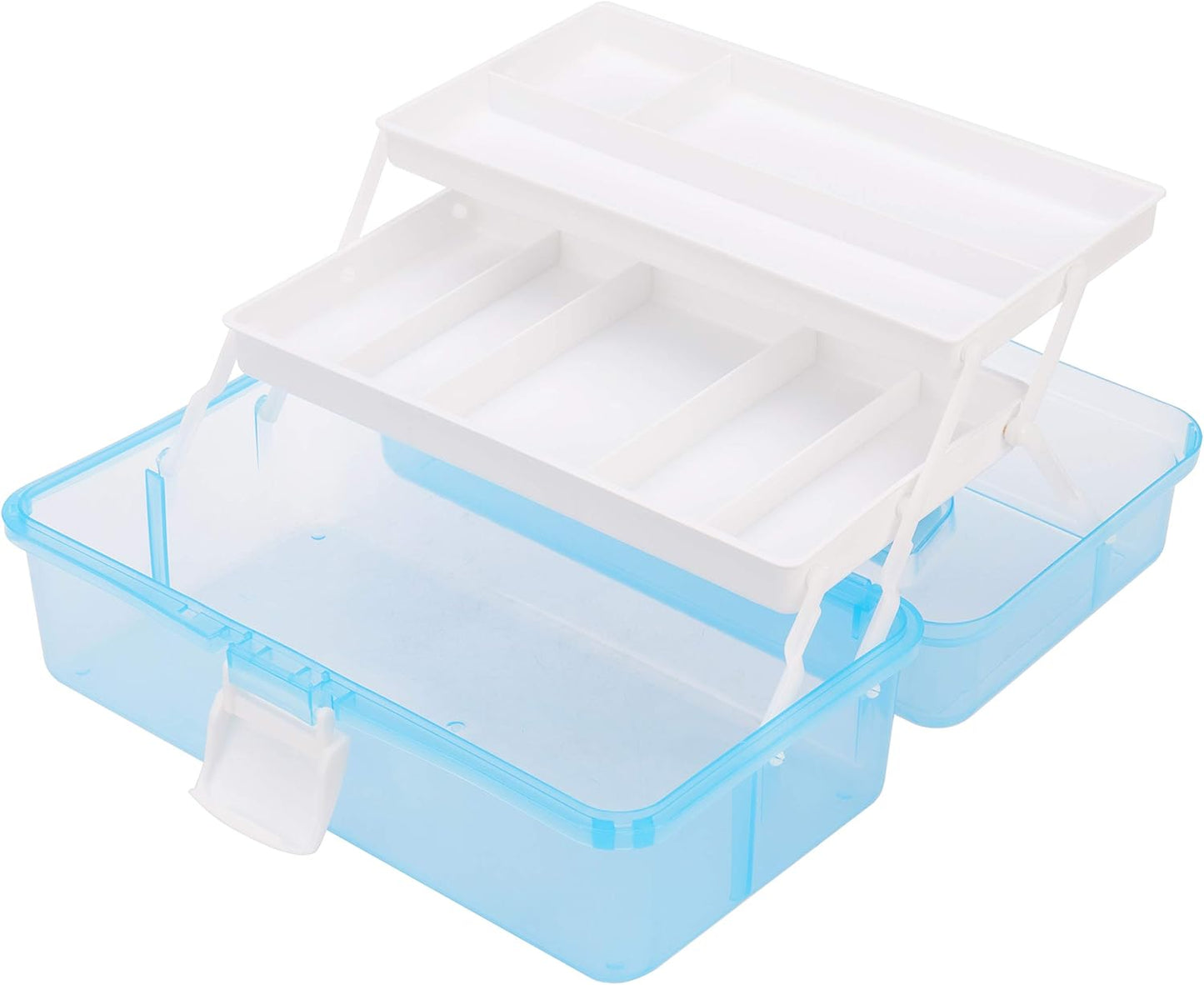 MyGift 13 Inch Transparent Blue Plastic Empty Multipurpose Storage Box with Handle, Latching Lid and 2 Expandable Trays for Tools, First Aid, Sewing Kit, Arts Crafts Supplies