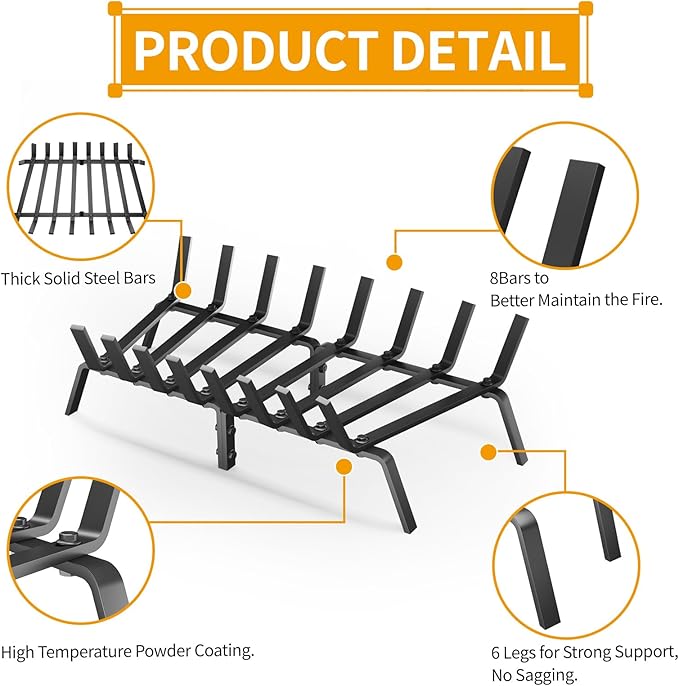 Heavy Duty 27Inch Fireplace Grate, Solid Steel Log Rack for Wood Burning, Extra Wide Firewood Grates for Indoor Fireplace & Outdoor Fire Pit, Wood Stove Grate