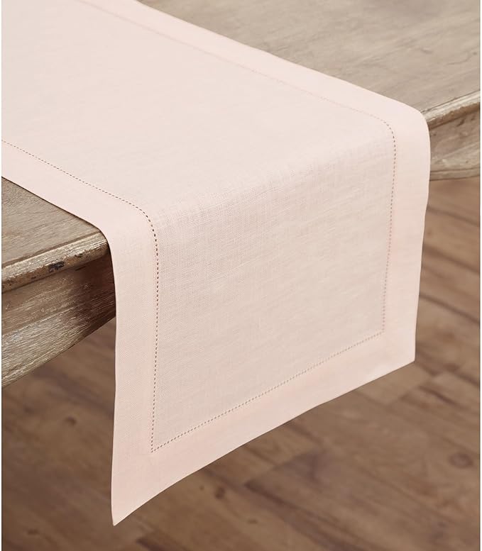 Solino Home Linen Pink Table Runner 120 Inches Long - 100% Pure Linen Hemstitch 14 x 120 Inch Table Runner for Dining, Valentines, Spring, Easter - Classic Hemstitch