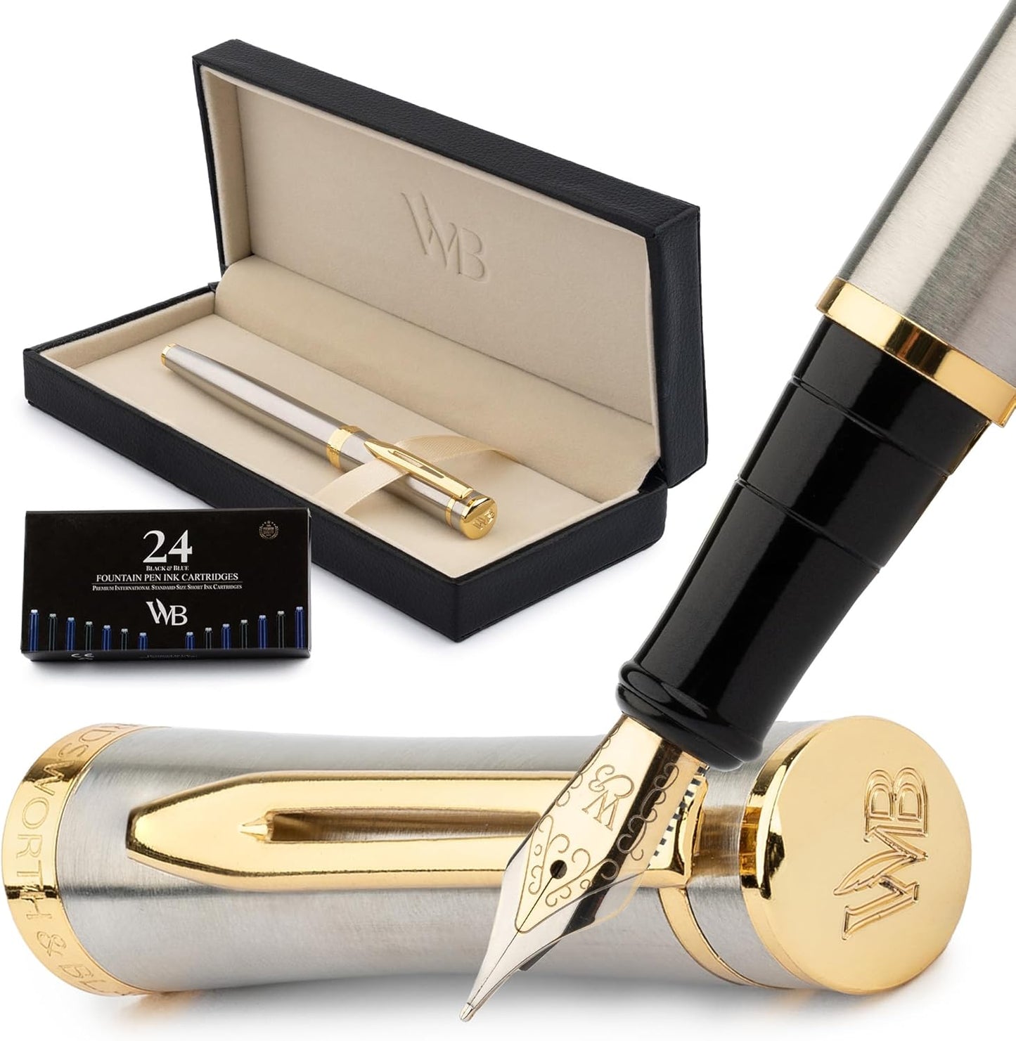 Wordsworth & Black Fountain Pen Set, Medium Nib, Includes 24 Ink Cartridges and Ink Refill Converter, Gift Case, Journaling, Calligraphy, Smooth Writing Pens [Silver Gold], Perfect for Men and Women