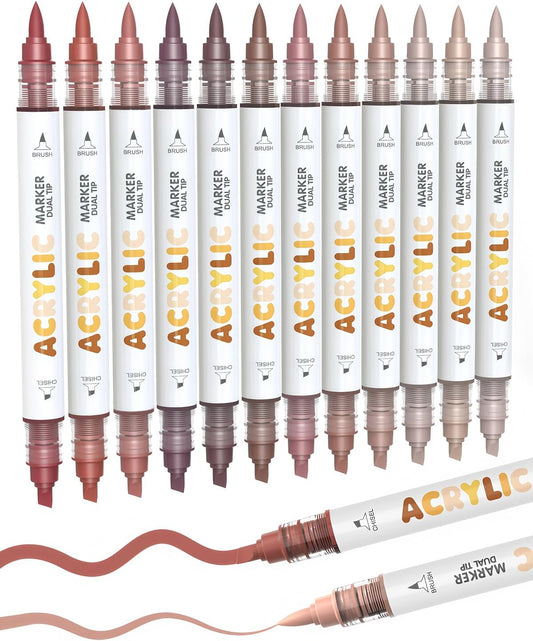 Guangna 12 Red Brown Dual Tip Acrylic Paint Markers, Brush Tip & Chisel Tip Acrylic Paint Pens for Rock, Wood, Glass, Paper, Coloring Book, Ceramic, Canvas, Water-Based Ink