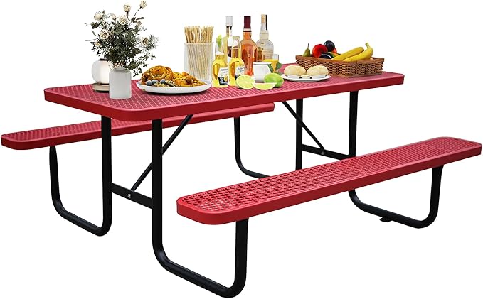 6FT Rectangular Metal Picnic Table for Outdoors, Commercial Steel Metal Picnic Tables, Heavy Duty Sturdy Picnic Tables Furniture Set for Patio Garden Courtyard BBQ, with Umbrella Hole, Red