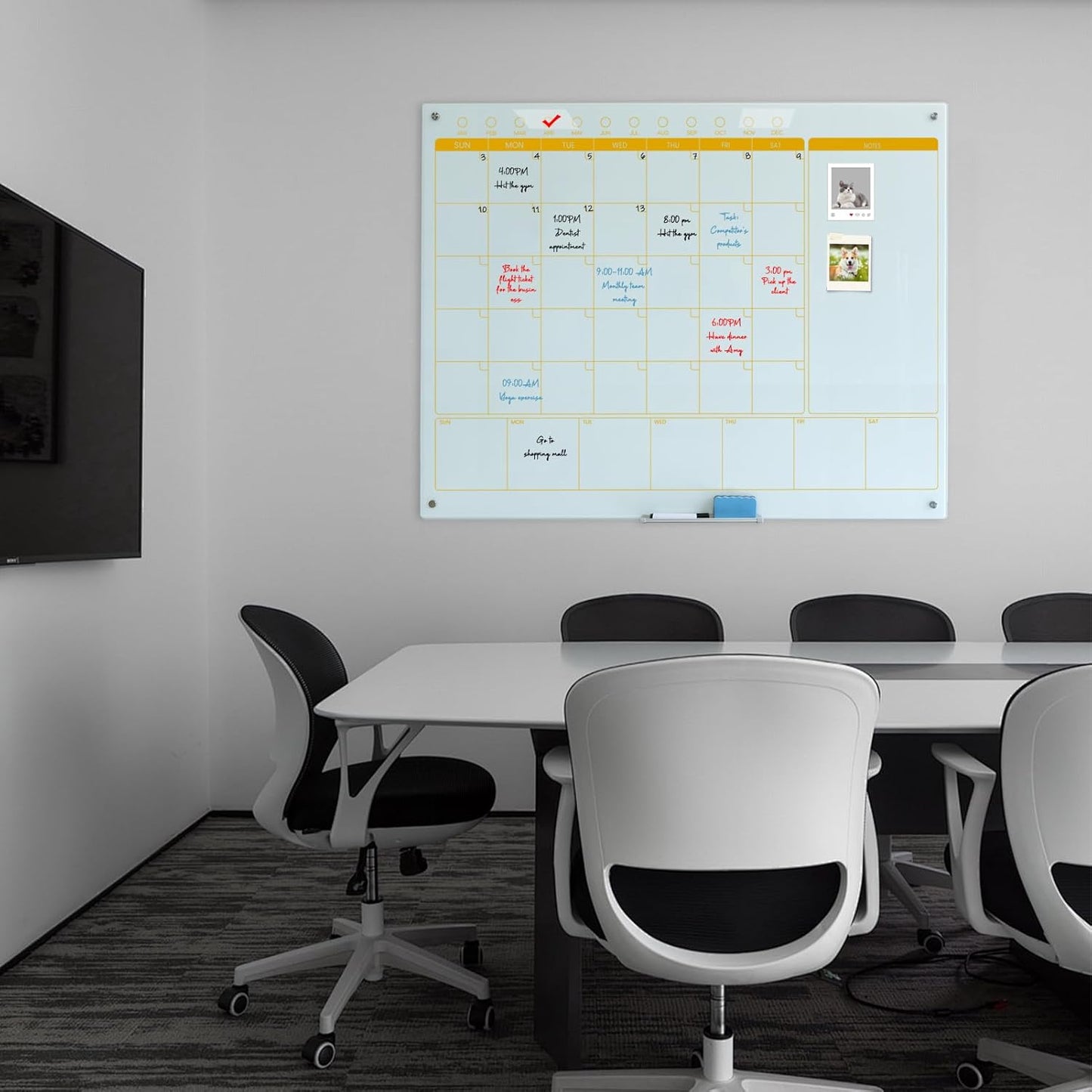 Magnetic Glass Whiteboard Calendar 48"x36" Glass Dry Erase Calender Board 36"x48" Monthly Plan White GlassBoard Wall Mounted for Office School Home (White)