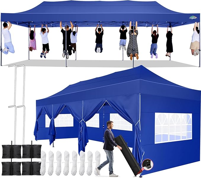 COBIZI 10x30 Pop up Canopy Tent 10x30 Canopy with Sidewall Waterproof Heavy Duty Commercial for Parties Outdoor Garden Gazebo Tent, Carry Bag with Wheel(10x30ft with Sidewalls,Dark Blue)