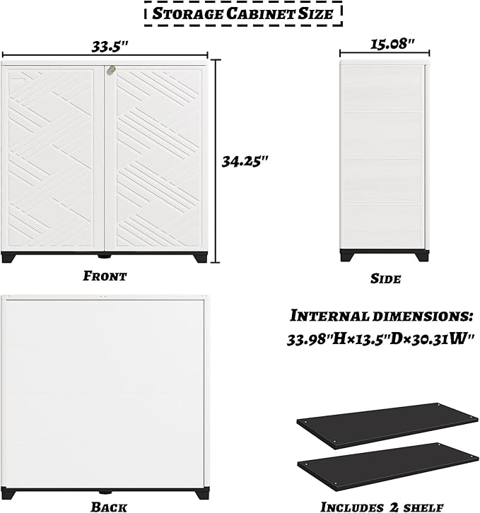 Outdoor/Indoor Storage Box,Resin and Plastic Storage Cabinet Waterproof,Outdoor Cabinet for Patio/Garden/Balcony/Backyard/All Room (with 2 Shelves)-White