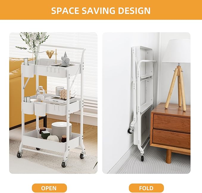 3-Tier Folding Rolling Utility Cart with Wheels, Foldable Storage Cart Organizer with 3 Hanging Cups & 6 Hooks for Kitchen, Office, Living Room, Nursery(White)