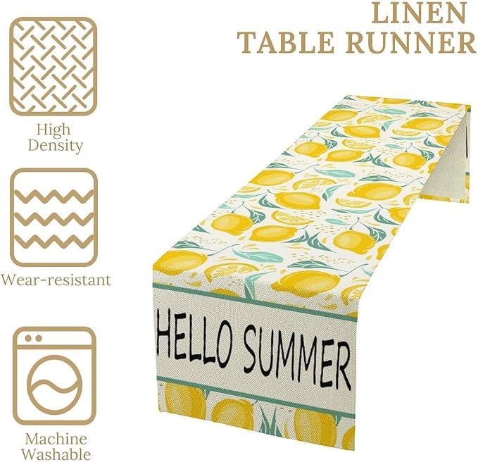 Spring Yellow Lemon Table Runner, Hello Summer Seasonal Exotic Fresh Fruits Plants Branch Leaves Print Table Cover for Farmhouse Kitchen Table Party Decor, 13x120inch