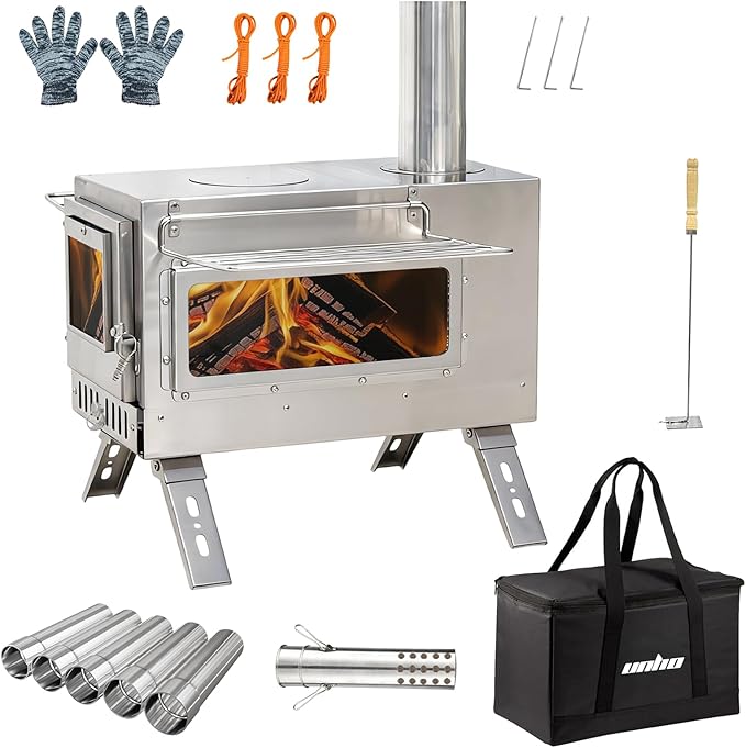 unho Outdoor Wood Burning Stove for Camping, Stainless Steel Chimney Pipe, Outdoor Heating & Cooking Hot Tent Stove
