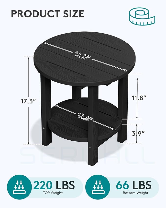 SERWALL Round Outdoor Side Table Set of 2, HDPE Small Adirondack Double End Table, Black