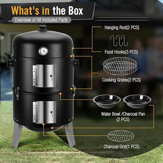 BBQ Charcoal Smoker for Meat: 16 Inch Heavy Duty 4 In 1 BBQ Charcoal Grills - Vertical Barbecue Smokers Grill Combo for Outdoor Cooking Patio Backyard Picnic Party Grilling