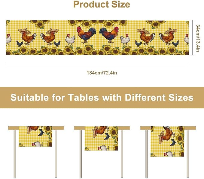 Farm Rooster Table Runner, Retro Western Farmhouse Chicken Sunflower Retro Yellow Buffalo Grid Print Table Runner for Dinning Holiday Party Indoor Outdoor Decor, 13x120inch
