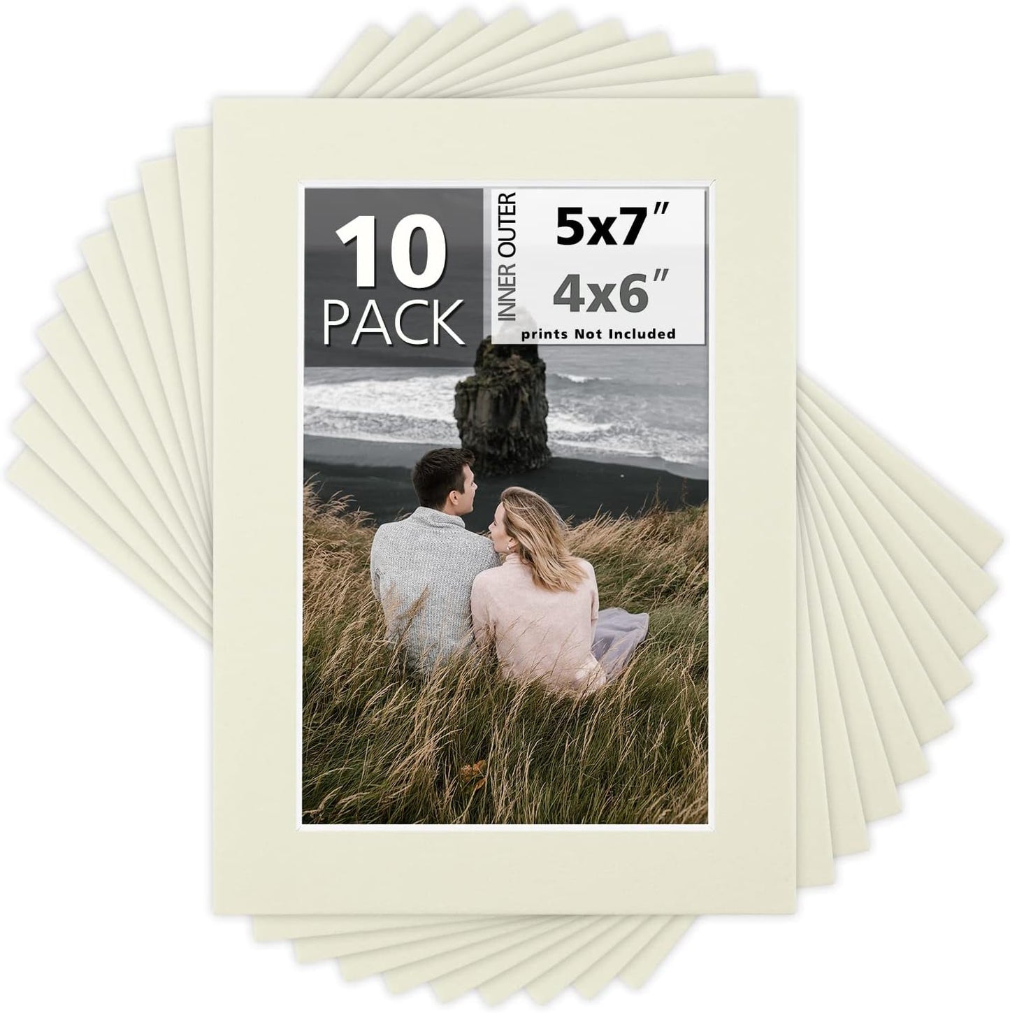 Mat Board Center, Pack of 10, 5x7 for 4x6 Light Gray Color Mats - Bevel Cut, Acid Free, 4-ply Thickness, White Core - for Pictures, Photos, Framing