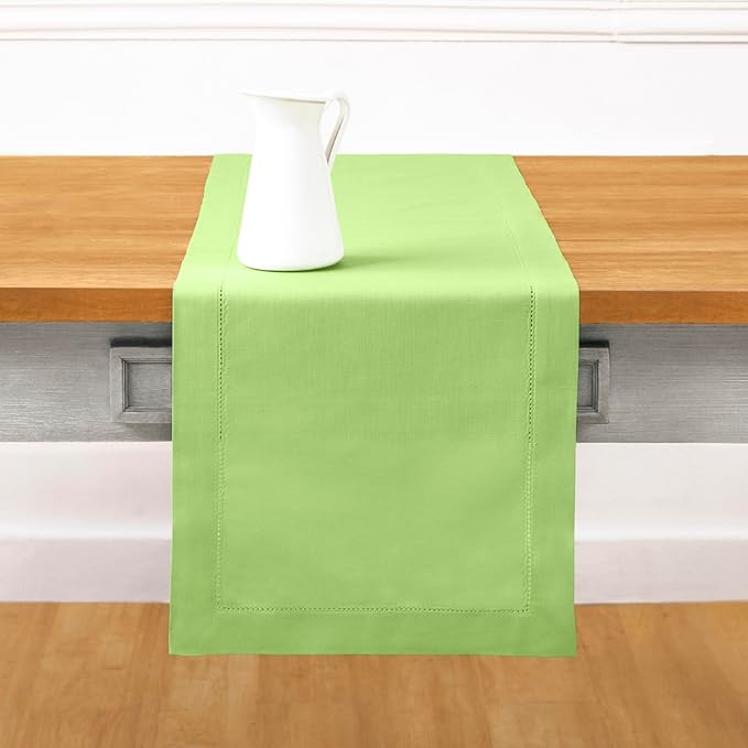 Solino Home Table Runner 90 Inches Long - Cotton Linen Hemstitch Apple Green Table Runner 14 x 90 Inch for Spring, Easter, St Patricks Day