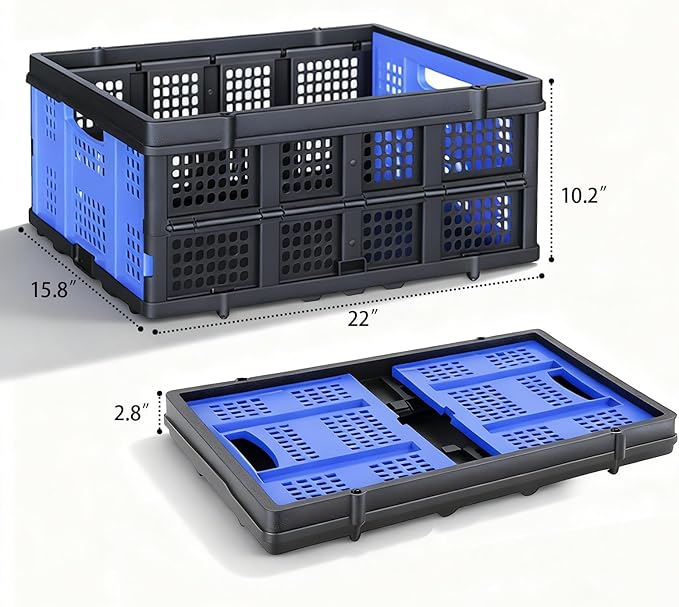 PMMJ 55L Collapsible Crate for Storage, 22”L x 15.8”W x 10.2”H, Heavy Duty PP Foldable Storage Bins, Space-Saving Stackable Containers for Home, Car & Shopping