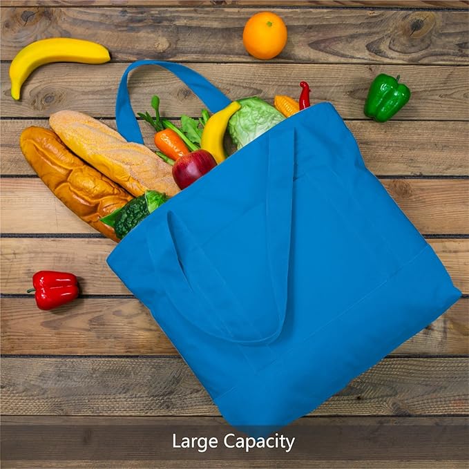 TOPDesign 3-Pack Canvas Tote Bags with an External Pocket, Reusable Grocery Shopping Bags, Top Zipper Closure, Daily Essentials (Ocean Blue)