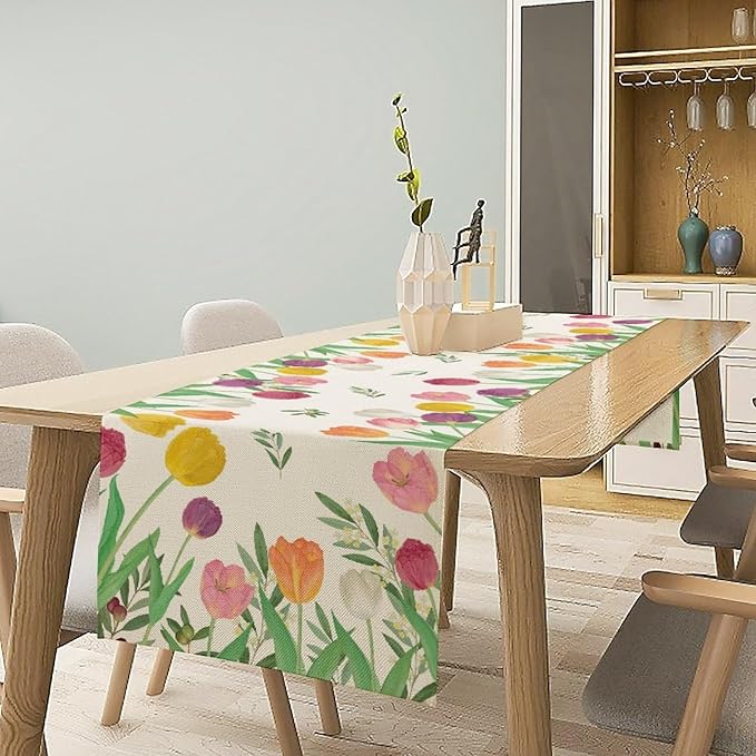 Tulips Spring Table Runner, Rustic Farmhouse Watercolor Botanical Colorful Tulips Olive Leaves Summer Garden Table Cover For Kitchen Dinning Table Indoor Outdoor Party Wedding Decor, 13x120inch