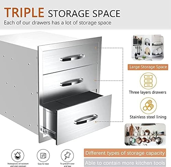 Stainless Steel Outdoor Kitchen 3-Drawer BBQ Drawer - Built-in, Flush Mount - 16Wx23Dx21H