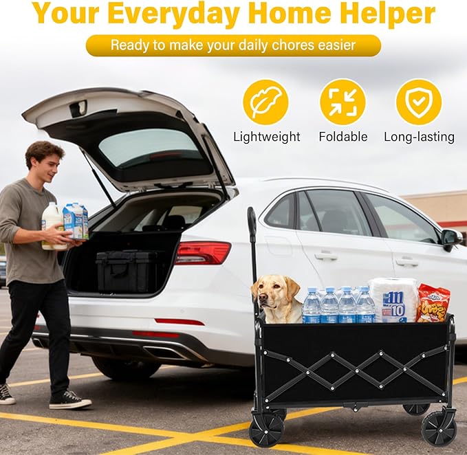 Wagons Carts Foldable, Collapsible Wagon with Wheels — Durable Foldable Wagon for Groceries,Picnic & Pets, Small Hauls, Apartment Moving & Storage, Portable Utility Pull Wagon Cart, 360lbs, Black