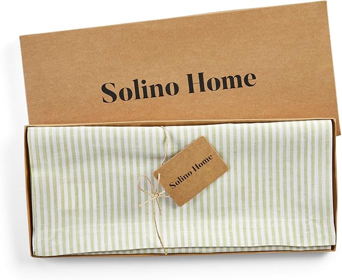 Solino Home Linen Striped Table Runner 36 Inches - Narrow Stripe, 100% Pure Linen Sage and White Table Runner 14 x 36 Inch Ideal for Dresser and Coffee Tables - Spring, St Patricks Day, Easter, Winter