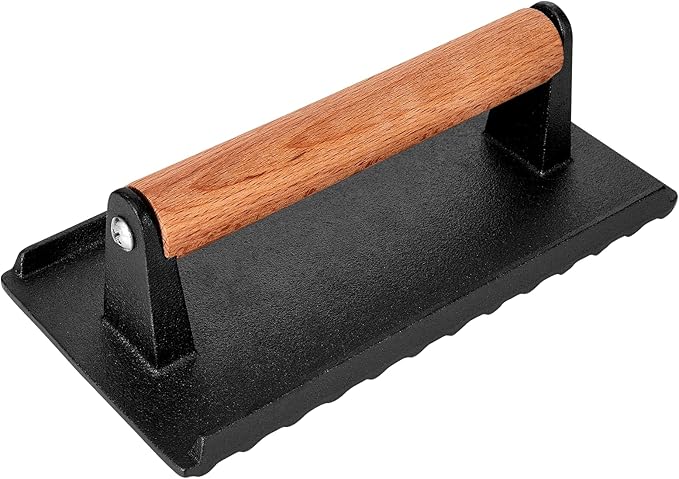 Burger Press, 8.3”X4.3”Rectangle Heavy-Duty Cast Iron Smash Burger Press Griddle Accessories with Heat Resistant Wood Handle for Blackstone Griddle, Ideal for Panini, Steak & Sandwiches