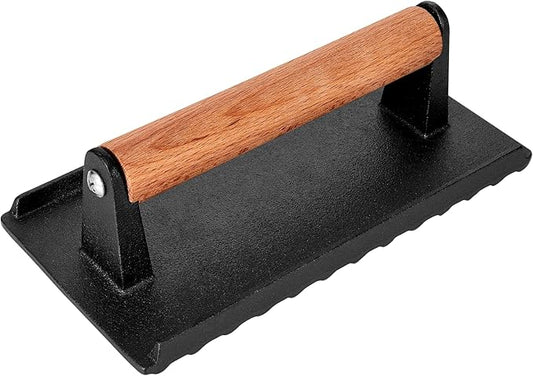 Burger Press, 8.3”X4.3”Rectangle Heavy-Duty Cast Iron Smash Burger Press Griddle Accessories with Heat Resistant Wood Handle for Blackstone Griddle, Ideal for Panini, Steak & Sandwiches