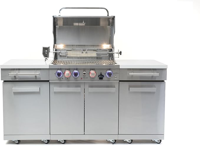 Mont Alpi MA-957RS Propane Natural Gas 5-Burner Compact Outdoor Kitchen Gas Barbecue Grill Island in Stainless Steel with Infrared Rear Burner + Storage Cabinets + Rotisserie Kit & Full Weather Cover