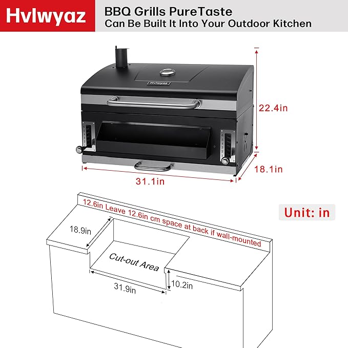 29 In Built-in Barbecue Grill, Charcoal bbq Grills with Liftable Tray, Insulated Hood & Temperature Gauge, Stainless Steel BBQ Barrel for Outdoor Kitchen, Camping, and Park – Black