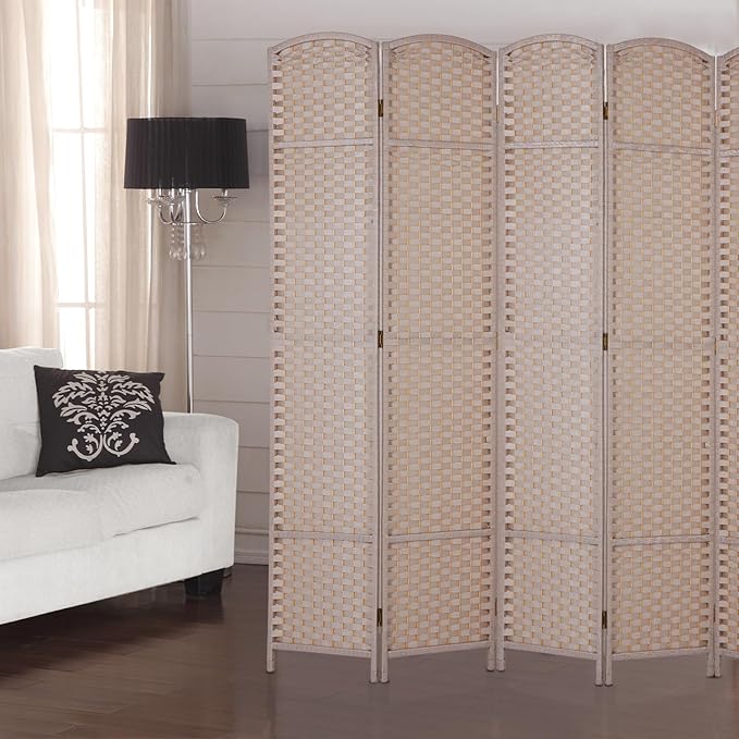 Room Divider 6 Panel Screen 5.6 Ft Tall Partition Room Dividers Beige Privacy Screens Folding Room Separation Free Standing Waterproof Wood Frame Wall Divider