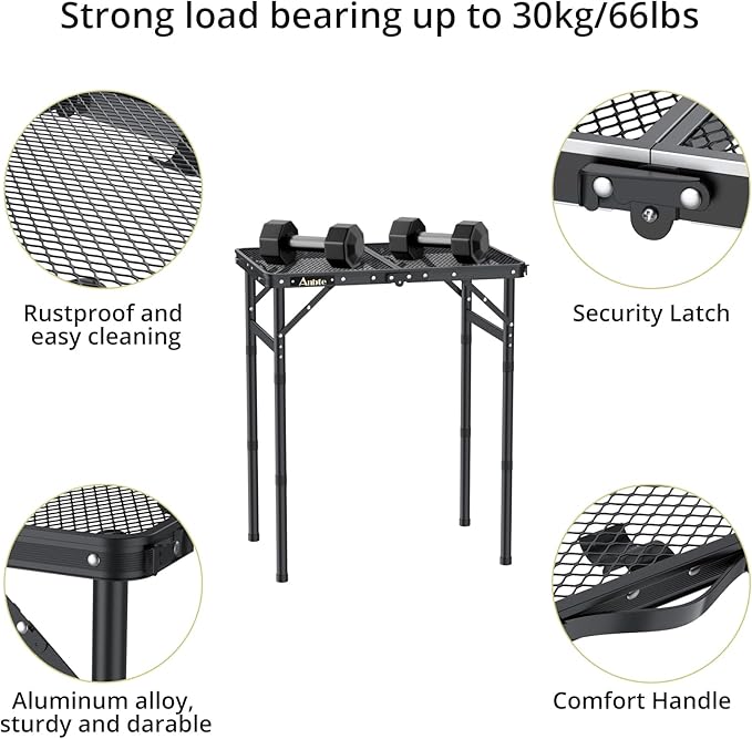 Anbte Folding Grill Table, Aluminum Camping Table Adjustable Height Max 27.5" Picnic Table Outdoor Table, Lightweight, Portable Handle for Travel Cooking BBQ Picnic, 22.8" x 16", Black