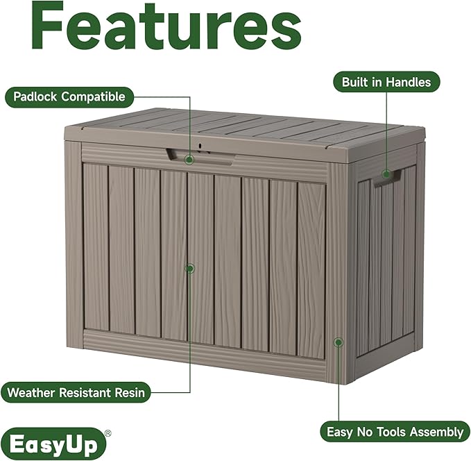 EasyUp 45 Gallon Outdoor Storage Box, Resin Waterproof UV-Resistant Deck Box, Reinforced Stability for Patio, Garden, and Poolside, Striped Gray