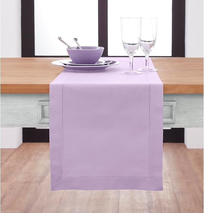 Solino Home Cotton Linen Table Runner 60 Inches - Lavender Ice Hemstitch Table Runner 14 x 60 Inch Ideal for Dresser and Coffee Tables - Valentines, Spring, Easter