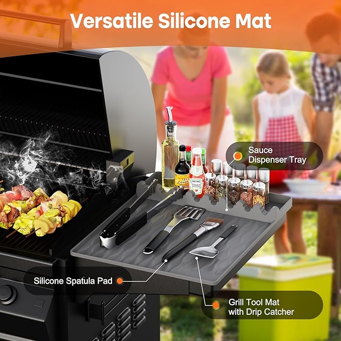 Silicone Griddle Tools Mat with Drip Pad for Blackstone – Non-Slip Spatula Rest & Side-Shelf Mat for Outdoor Grill Kitchen Counter, Heat-Resistant Grill Pad, Blackstone Griddle Accessories-Gray2-Pack