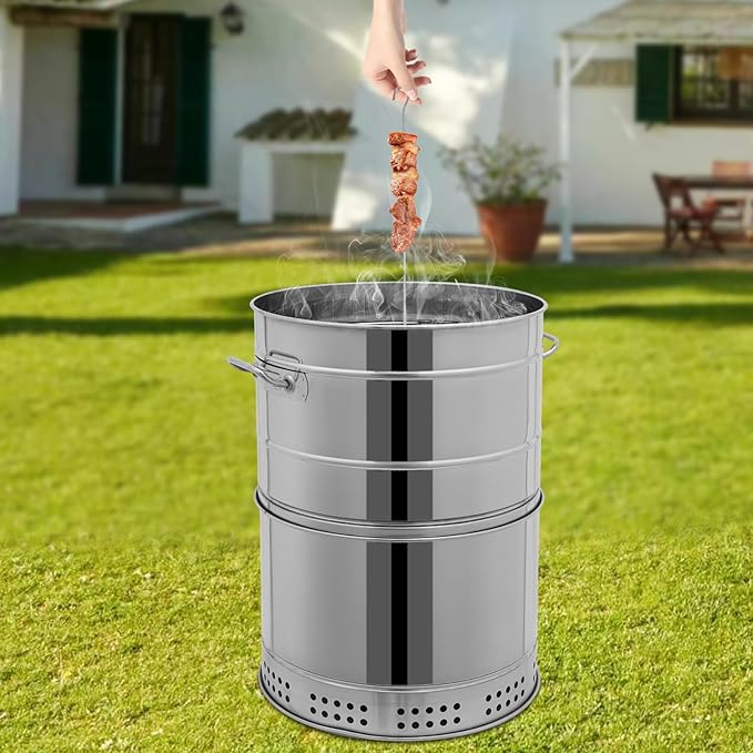 Portable Charcoal Grills, Stainless Steel BBQ Grill Barrel, 360° Smokeless Barbecue Grill Barrel with 50 Skewers, Oil-Carbon Separation, Vertical Hanging & Net Barbecue, Ash Catching Tray