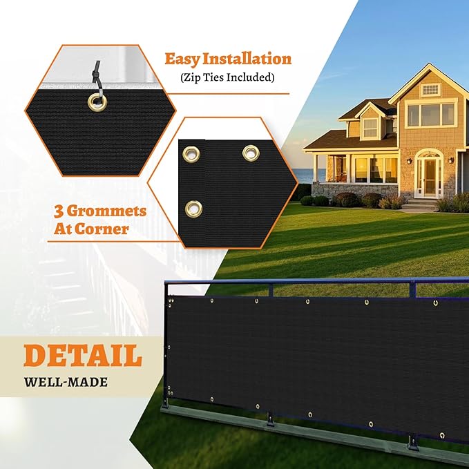 2.5' x 152' Balcony Privacy Screen Fence Cover with Zip Ties Grommets for Apartment Patio Porch Deck Backyard Outdoor (Black)