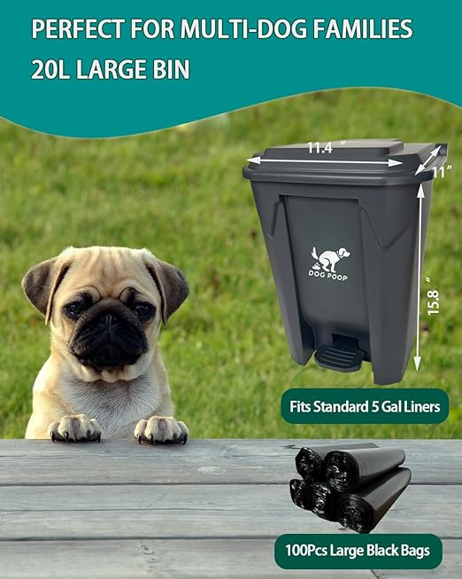 Large Dog Poop Trash Can Outdoor 20L / 5.3 Gallon with Foldable Pooper Scooper - Waterproof Pet Waste Station Set, Foot Pedal, Inner Bucket & 100 Bags for Backyard